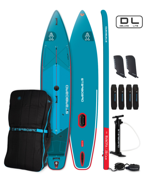 Produktbild Starboard Touring Deluxe Lite SUP Set mit Übersicht über Lieferumfang mit Board, Paddel, Pumpe, Leash, Finne und Rucksack